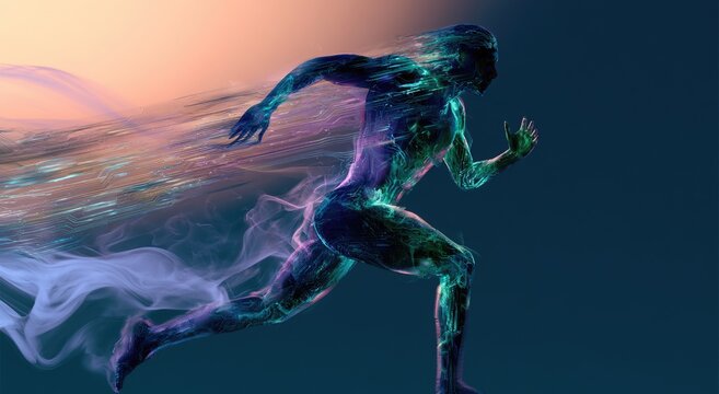 Energetic figure streaks across a dark background with flowing ethereal trails