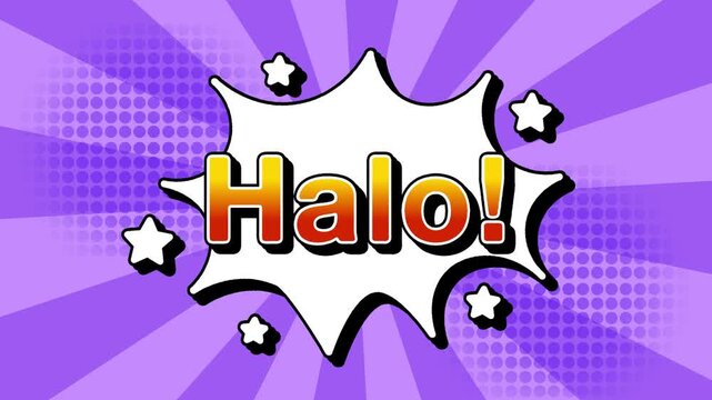 Halo text word lettering popup comic cartoon reveal with bomb and smoke explosion manga anime book page dots with radial speed lines doodle lavender background with seamless loop animation retro	
