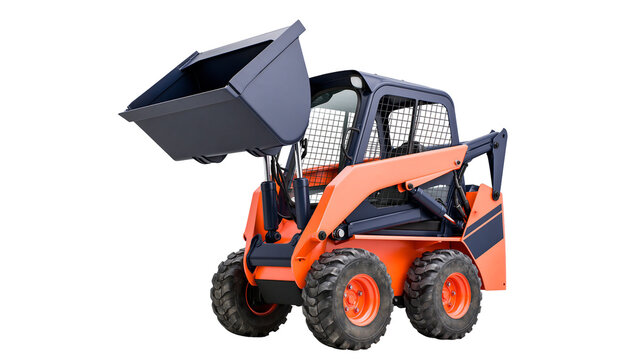 Orange and navy blue skid steer loader with raised bucket, isolated on transparent background