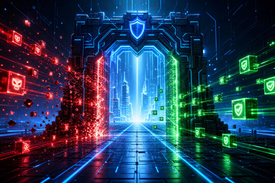 portal digital masivo escaneando flujos de datos permitiendo el paso de paquetes autorizados verdes mientras desintegra o bloquea las amenazas rojas en el umbral