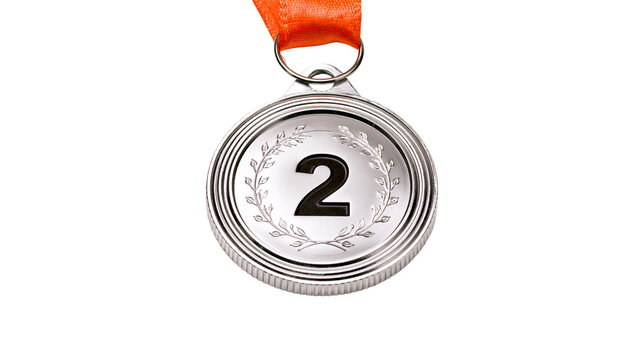 Silver medal with orange ribbon and number 2, isolated on transparent background