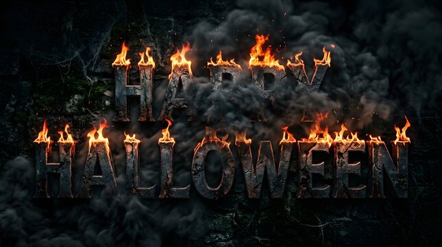Happy halloween 3d text engulfed in flames and thick black smoke against a dark stone wall background