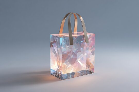 Iridescent crystal shopping bag with metallic handles, 3d render of holographic packaging, abstract geometric gift box concept, luxury retail design, pastel blue and pink background, copy space