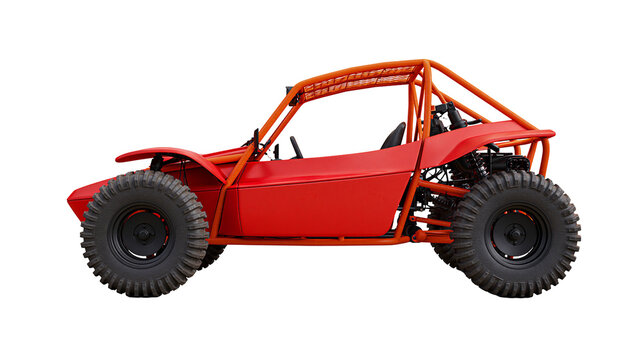 Bright red dune buggy with orange roll cage large off-road tires, isolated on transparent background