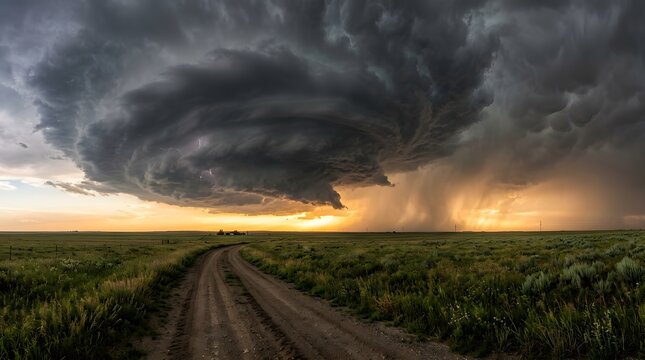 Dramatic panoramic landscape of a powerful supercell thunderstorm swirling over a vast green prairie field at sunset, with a dirt road leading into the distance.