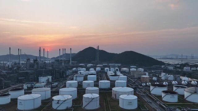 Aerial view oil and gas refinery petrochemical storage tank and pipeline steel, Oil and gas transportation system pipeline steel at oil and gas refinery industry chemical plant, Pipeline oil and gas.