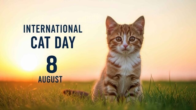 International Cat Day 8 August banner with cute tabby kitten sitting in grass at sunset. 