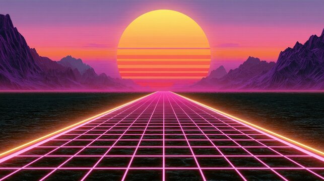 Retro futuristic landscape with neon grid road and sunset