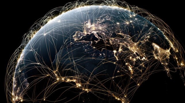 Global network connections earth at night illuminated by light trails