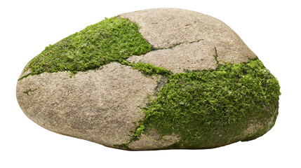 Rough textured grey boulder with patches of vibrant green moss, isolated on transparent background © Jonathan