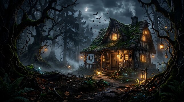 Enchanted witch cottage in haunted forest with lanterns and glowing lights