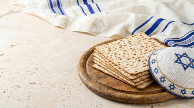 Traditional passover elements: matzah, kiddush cup, tallit, and yarmulke on marble table with copy space