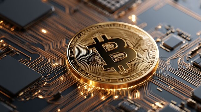 Golden bitcoin coin on a microchip with illuminated circuits digital currency concept
