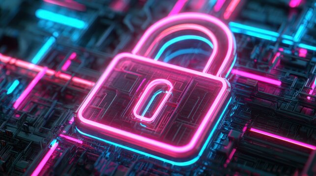 Glowing neon padlock icon on futuristic circuit board with blue and pink lights