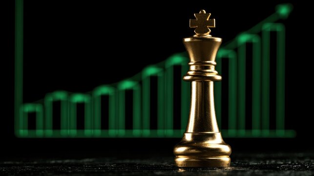 Golden chess king piece on black surface with a green rising graph in the background