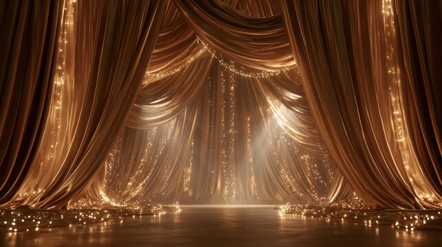 Luxurious golden curtains with twinkling lights on a stage