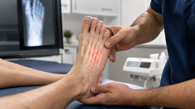 Metatarsal stress fracture clinical treatment concept showing foot bone injury, orthopedic examination, X-ray review, bandaging and walking boot care for medical education and patient communication