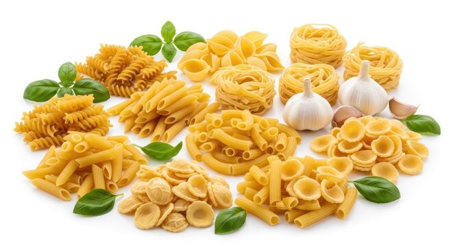 Assortment of Dry Italian Pasta Varieties with Fresh Basil and Garlic.