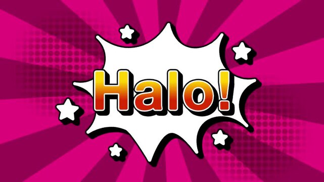 Halo text word lettering popup comic cartoon reveal with bomb and smoke explosion manga anime book page dots with radial speed lines doodle pink background with seamless loop animation retro	