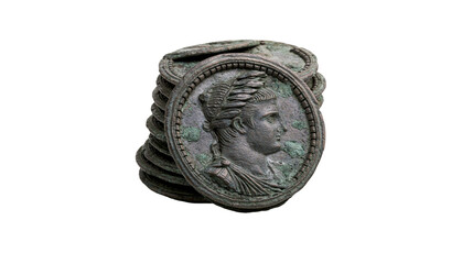 Stack of ancient Roman bronze coins with profile portrait of emperor, isolated on transparent background © Jonathan