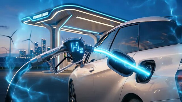 Hydrogen fueling nozzle, car receiving clean energy, futuristic station providing sustainable power, demonstrating emission-free technology, supporting renewable transportation.