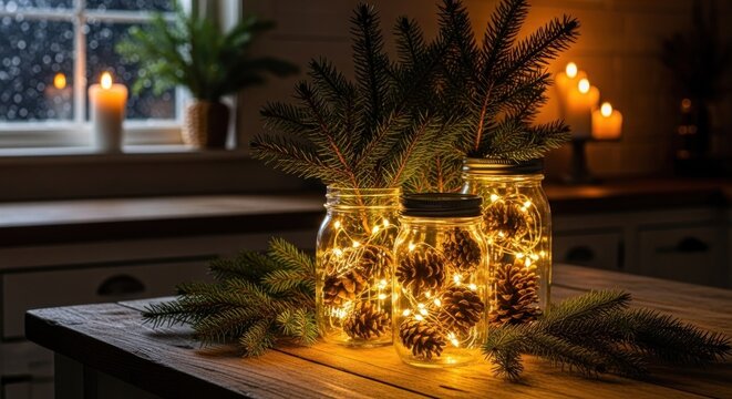 Cozy Mason Jar Lanterns with Pinecones and Fairy Lights for Festive Ambiance.