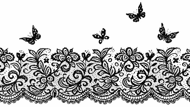 black and white lace border with butterflies illustration ornate pattern floral design decorative embroidery fancy detailed artwork