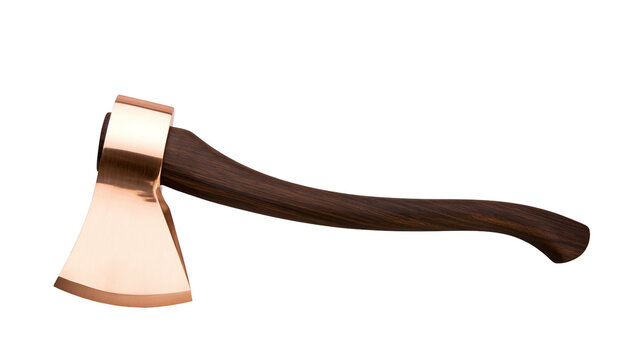 Polished copper axe head with dark wood handle, isolated on transparent background