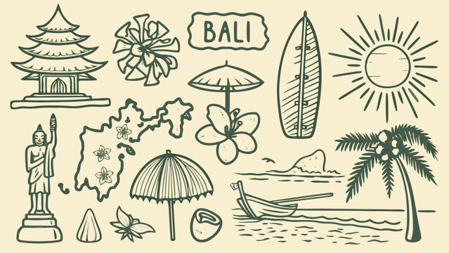 travel destination icons in line art style bali temple flower surfboard sun palm tree boat umbrella map