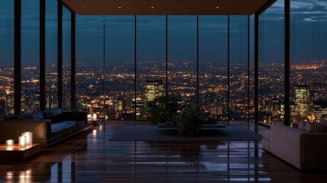 Luxurious modern penthouse interior with a stunning cityscape view at night
