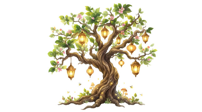 Enchanted tree with glowing lanterns and butterflies fantasy artwork perfect for magical backgrounds.