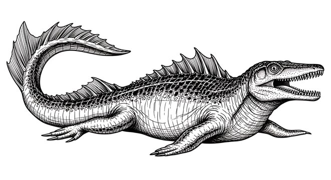 Vintage style hand drawn illustration of a prehistoric marine reptile.