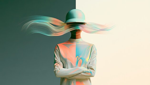 Abstract figure with flowing hair, arms crossed, split background
