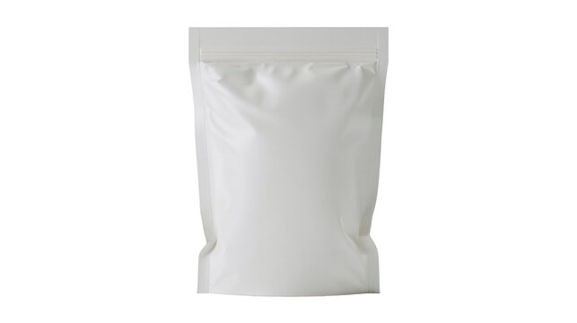 Blank white resealable pouch bag with zipper closure, isolated on transparent background