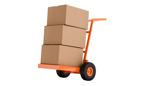 Orange hand truck carrying stacked cardboard boxes, isolated on transparent background