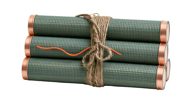 Three green dynamite sticks with copper ends tied with twine, isolated on transparent background