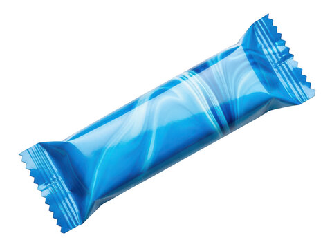 Blue wrapped candy bar on white background