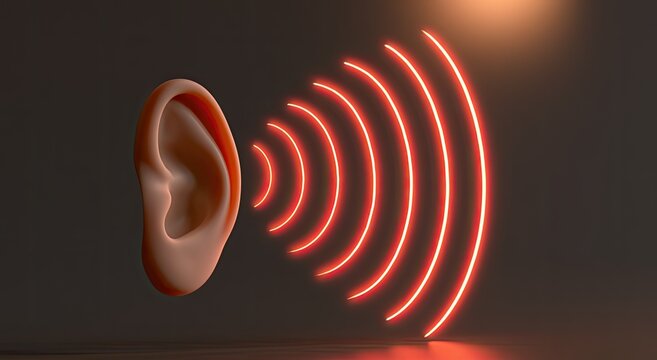3D rendering of a human ear emitting red sound waves in a dark environment