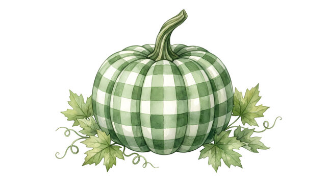 Green checkered pumpkin with leaves and tendrils fall harvest decor natural theme.