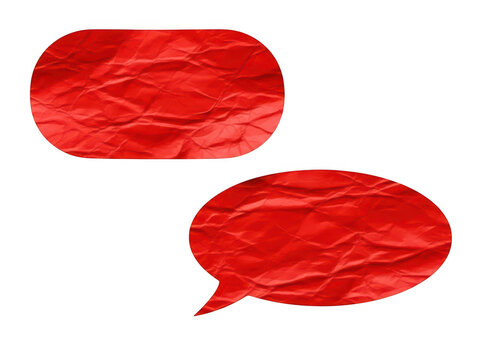 Two red speech bubbles with white text