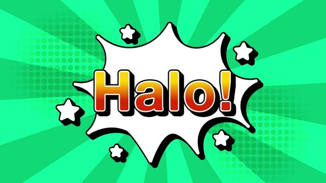 Halo text word lettering popup comic cartoon reveal with bomb and smoke explosion manga anime book page dots with radial speed lines doodle teal background with seamless loop animation retro	