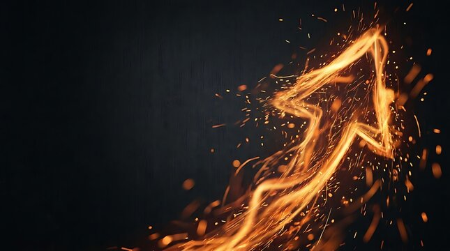 Fiery glowing arrow symbol rising upward amidst dynamic orange sparks against dark textured background