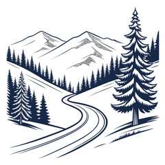 Fototapeta premium Winter forest landscape with winding mountain road mountain landscape