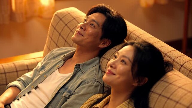 Smiling couple lying on plaid couch, man starting talk, talking while woman smiling, denim, mustard