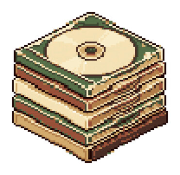 Pixel art style stack of compact disc cases with visible discs inside