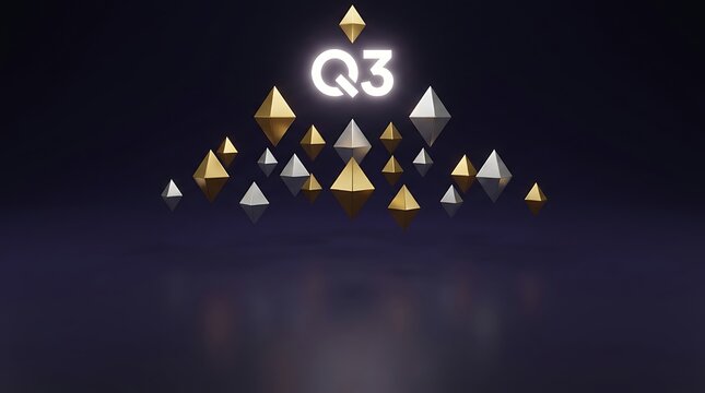 Floating gold and silver geometric diamonds arranged in pyramid formation with glowing q3 text