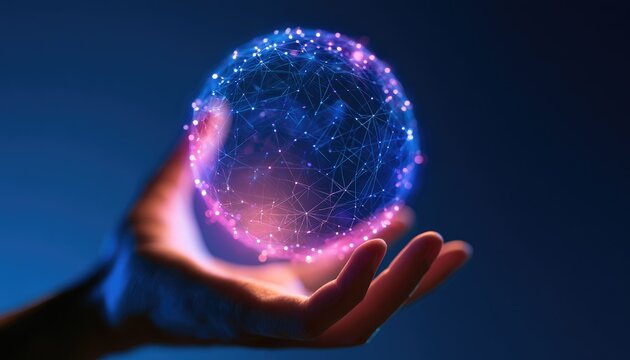 A luminous, connected sphere hovers above an open palm, glowing with digital light