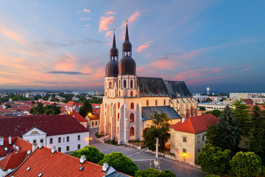 Aerial view of the pilgrimage basilica of St. Nicholas in Trnava during summer sunset