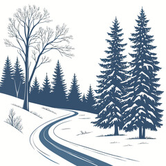 Winter forest landscape with snow covered pine trees and winding path, landscape