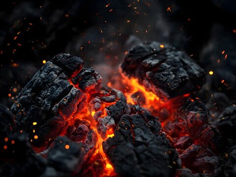 Glowing Burning Coals and Hot Embers Abstract Fire Background, Intense Heat, Charcoal Texture, Smoldering Ash and Dramatic Energy Concept